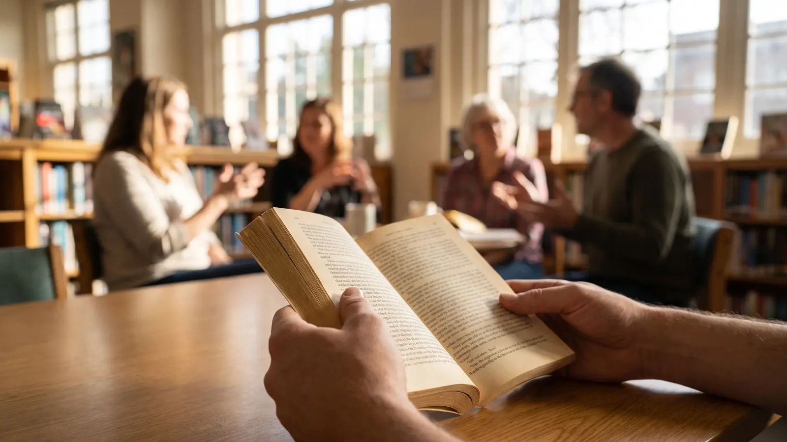 Lecteurs partageant un roman lors d'une rencontre littéraire