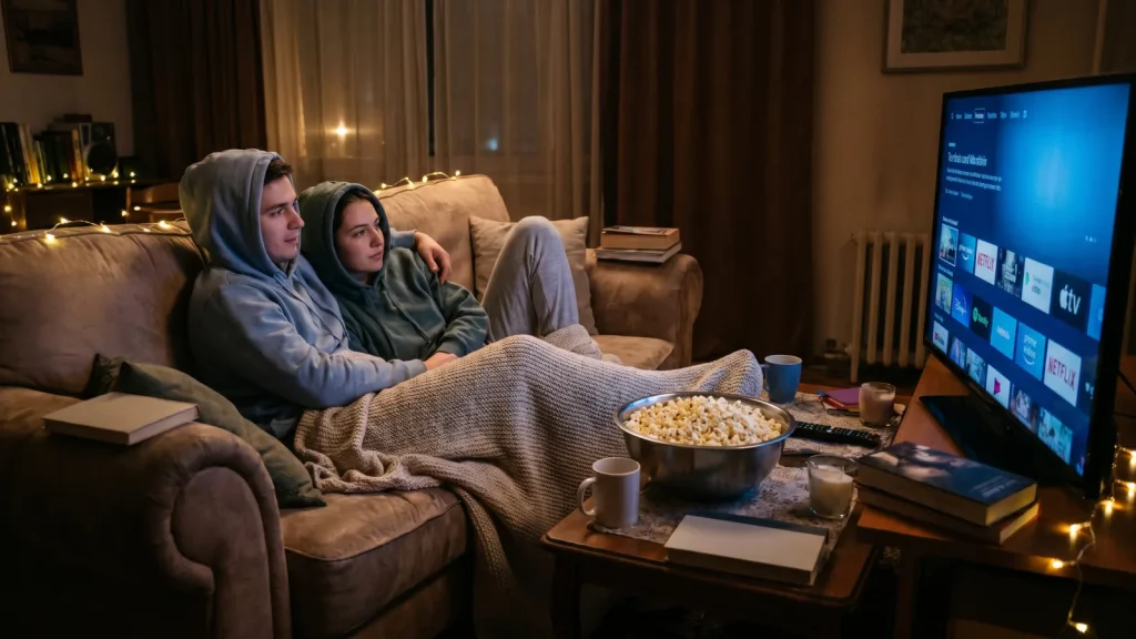 Couple regardant une série en binge-watching sur un canapé