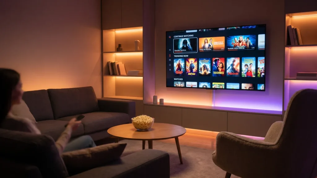 Téléviseur affichant un catalogue de streaming le soir