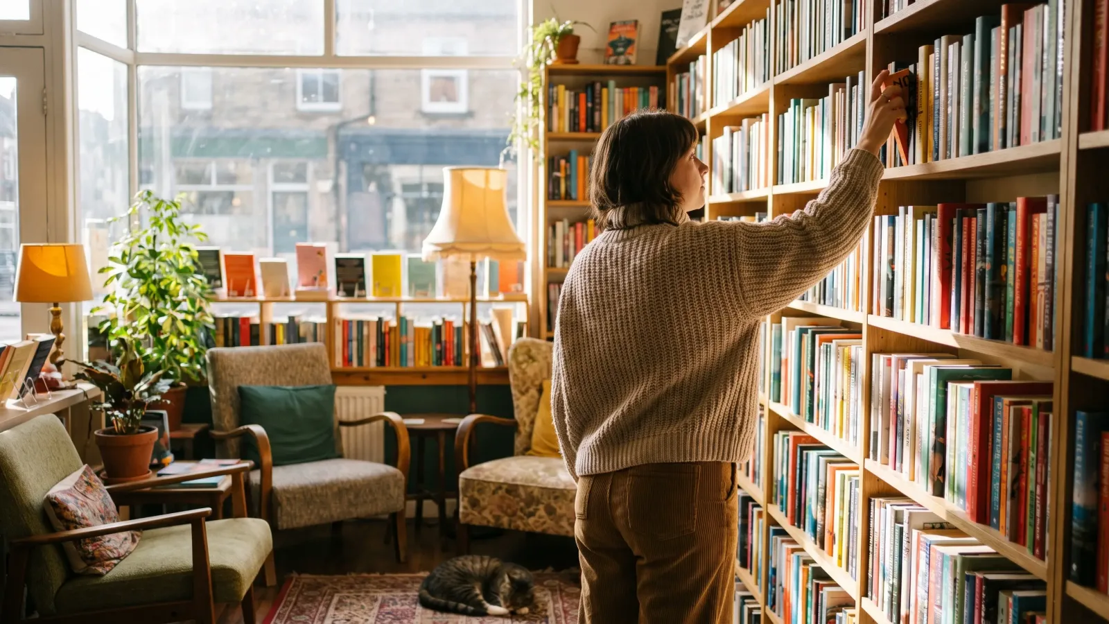Personne choisissant un livre dans une librairie