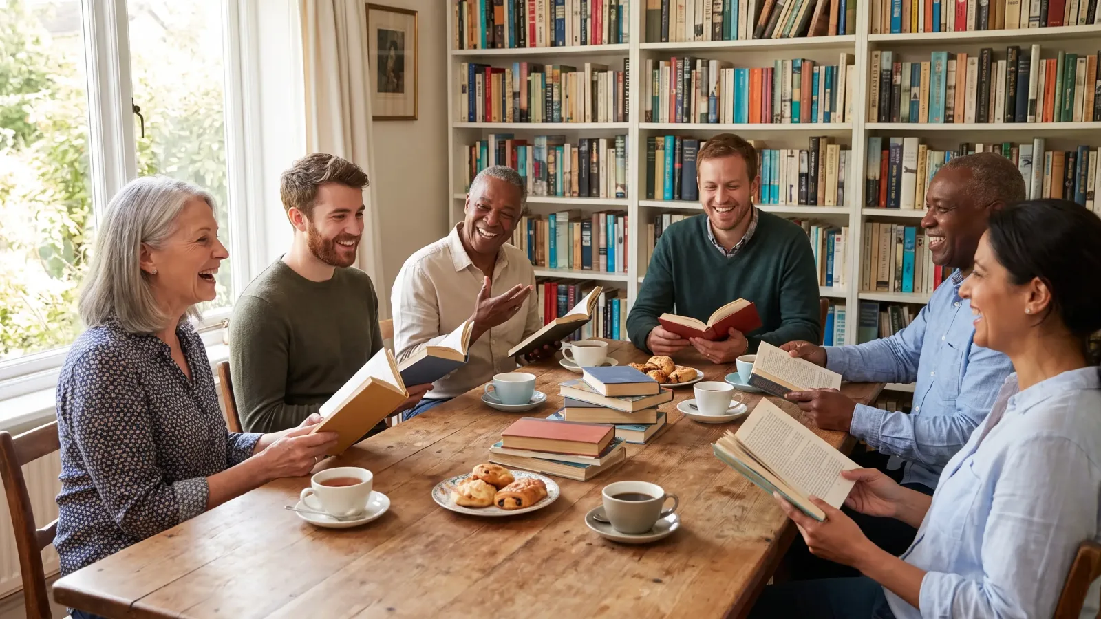 Membres d'un club de lecture discutant autour d'une table