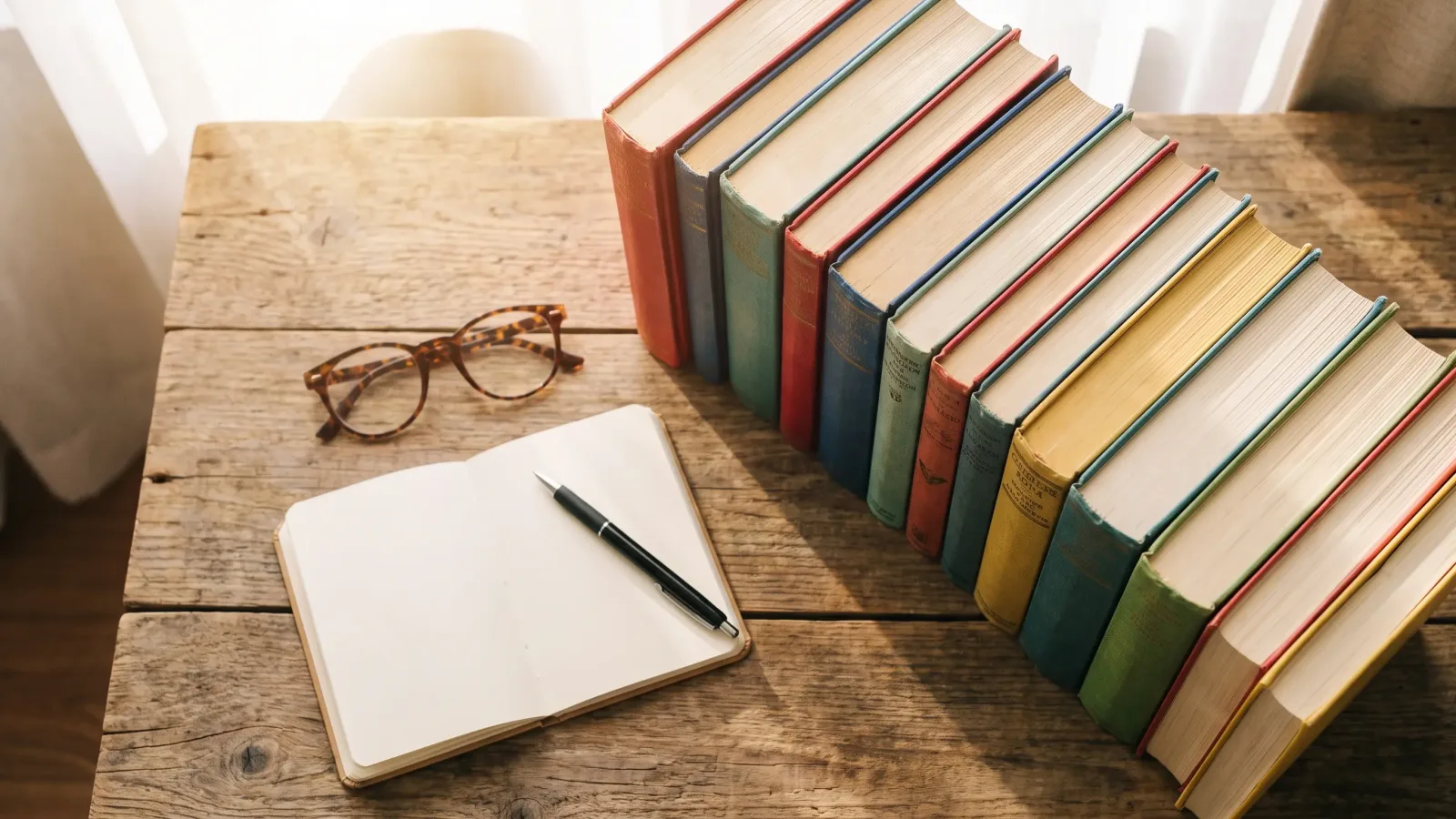 Pile de livres colorés avec un carnet de lecture