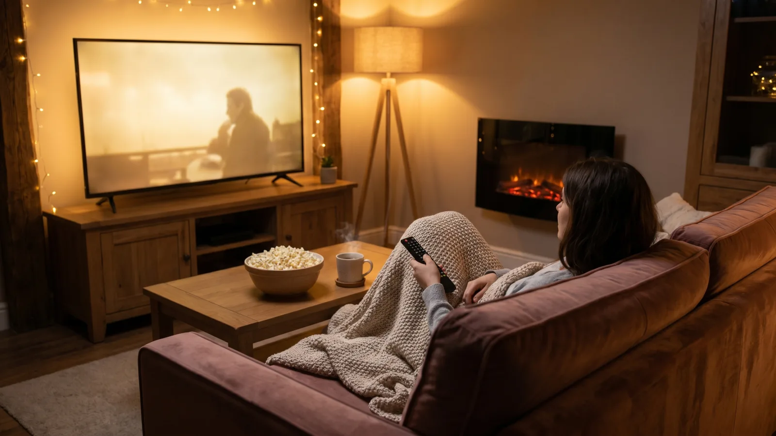 Soirée film à la maison, télécommande en main devant la télévision