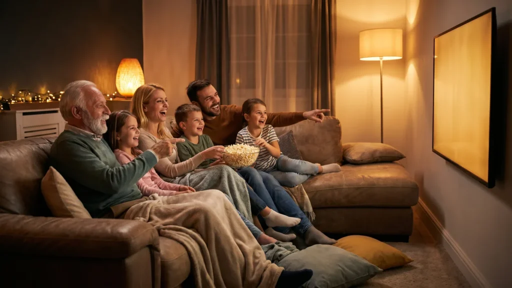 Amis et famille profitant d’une soirée film sur le canapé