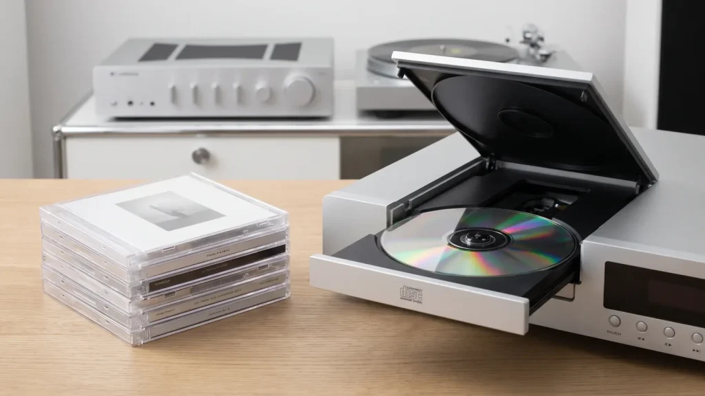 Pile de CD et lecteur CD hi-fi