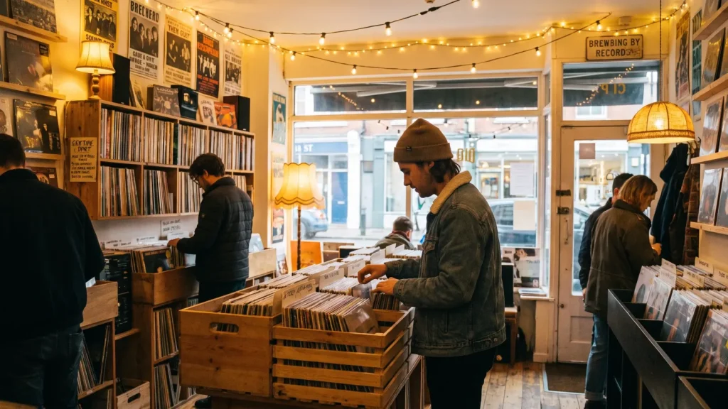 Client feuilletant des vinyles dans un magasin de disques