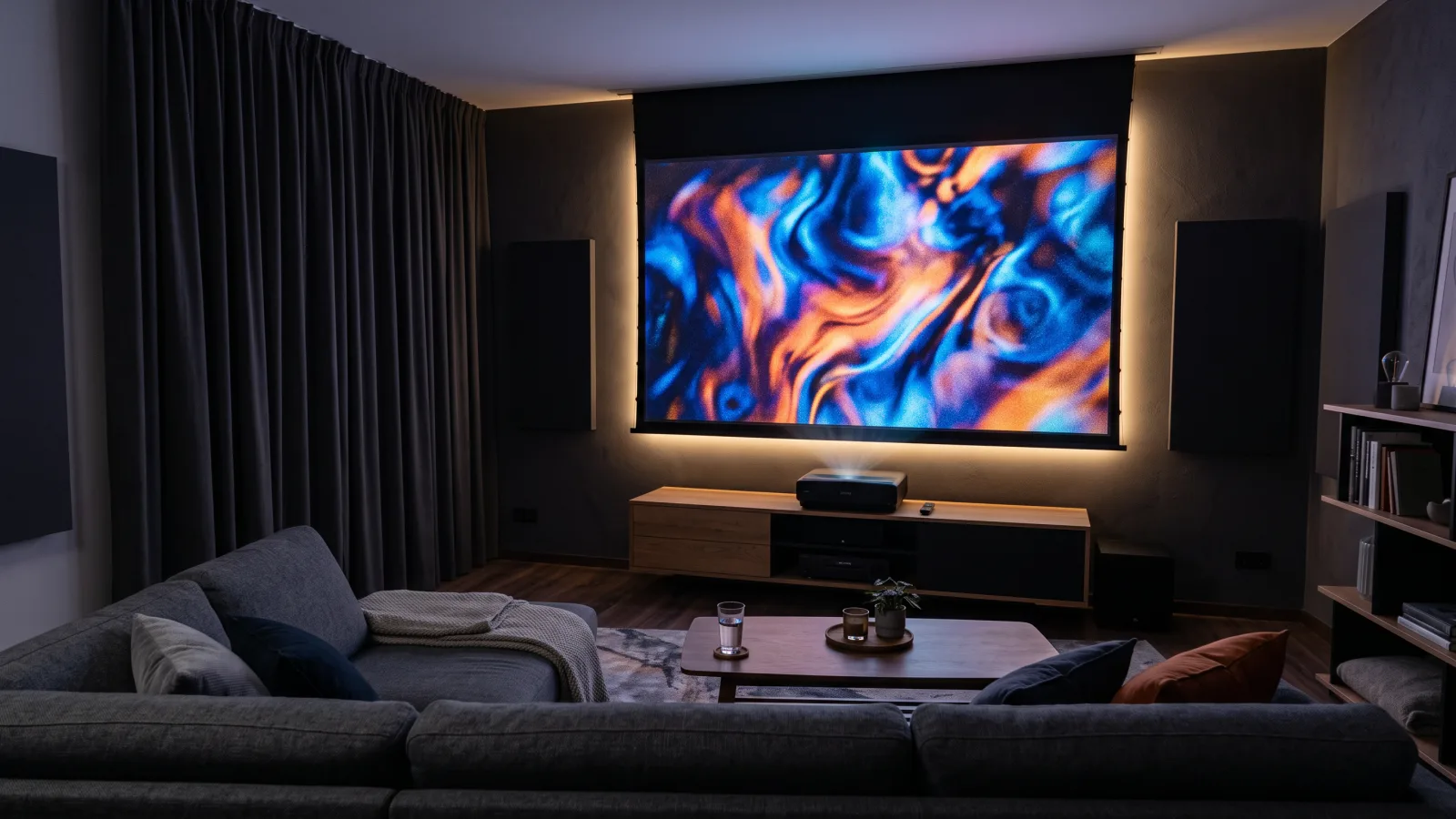 Salon aménagé en home cinéma maison avec grand écran de projection et éclairage tamisé