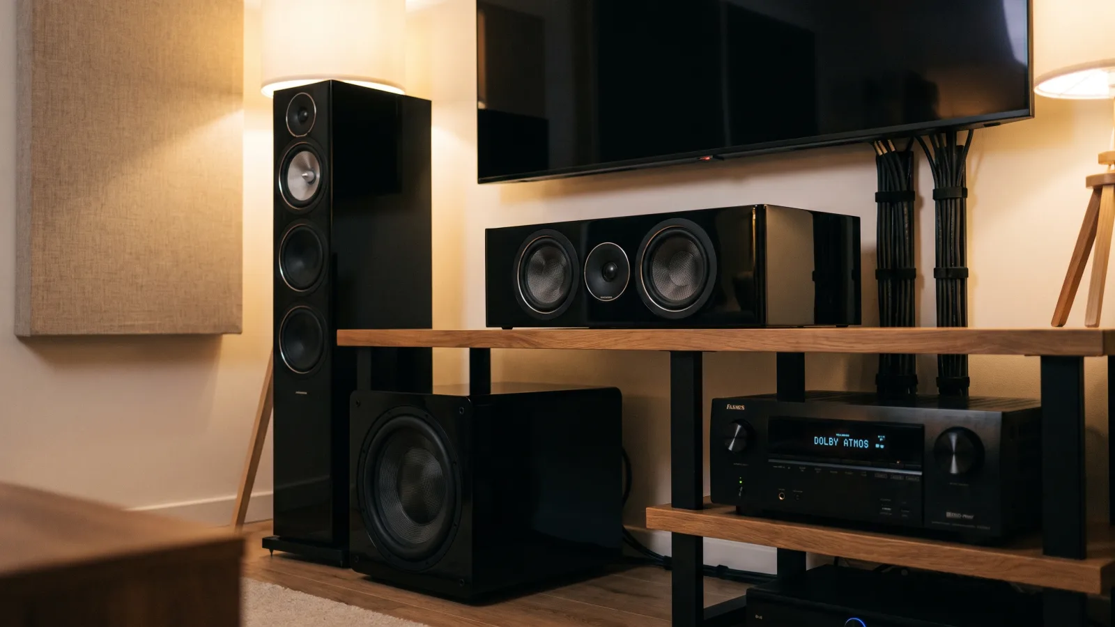 Installation audio home cinéma : enceinte colonne, enceinte centrale, caisson de basses et amplificateur