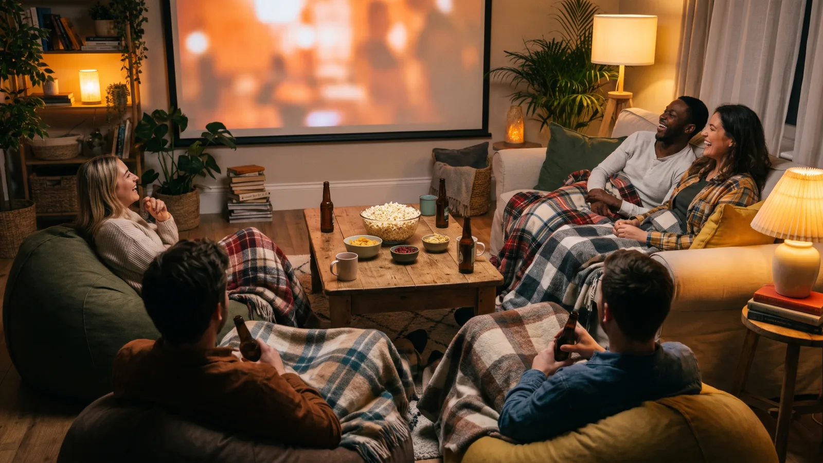Soirée film entre amis devant un écran de home cinéma, pop-corn sur la table basse