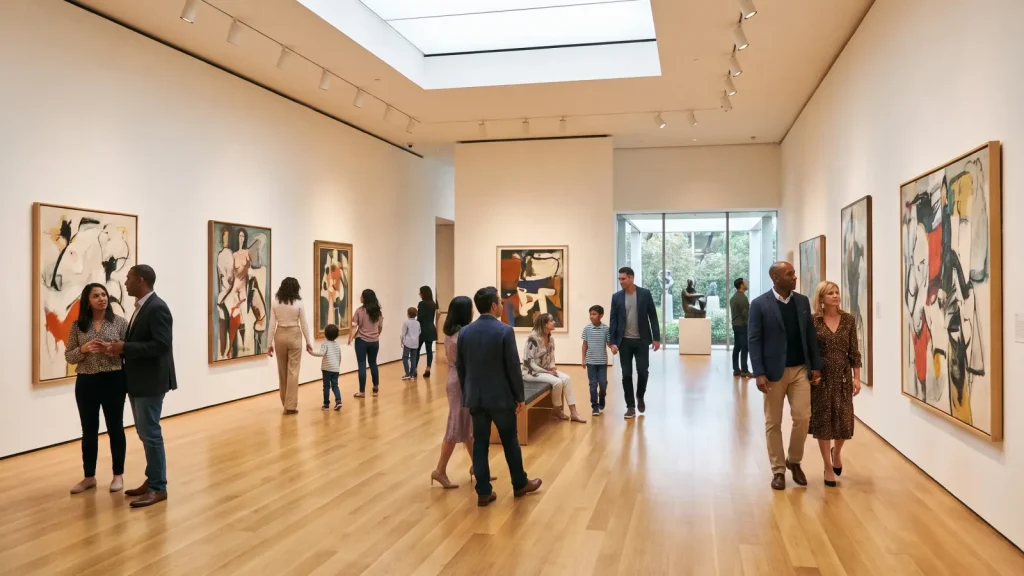 Visiteurs admirant une exposition dans une galerie de musée lors d'une sortie culturelle