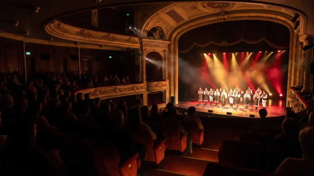 Spectacle vivant sur une scène de théâtre illuminée devant le public