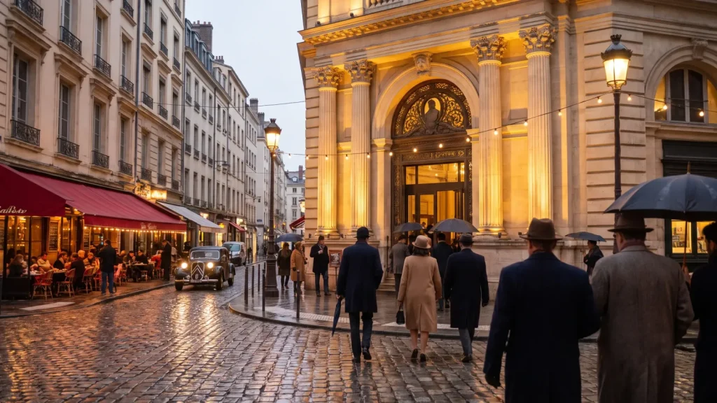 Façade illuminée d'un lieu culturel en ville le soir, spectateurs se dirigeant vers l'entrée