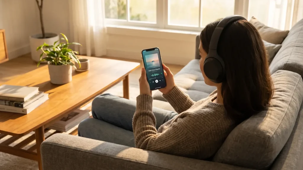 Personne écoutant de la musique en streaming au casque sur smartphone